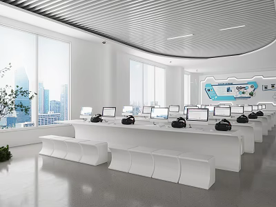 Modern Tech Learning Space With Computers VR Headsets And City View Through Large Windows 3d model