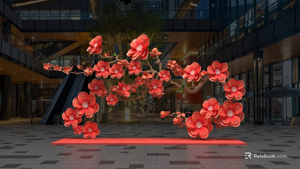 Floral Art Installation With Vibrant Red Flowers And Decorative Branches In Modern Architectural Space 3d model 