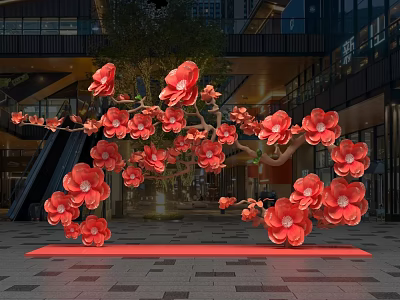 Floral Art Installation With Vibrant Red Flowers And Decorative Branches In Modern Architectural Space 3d model