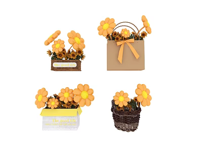 Floral Art Display With Sunflowers In Basket Paper Bag And Box Decorative Arrangements 3d model