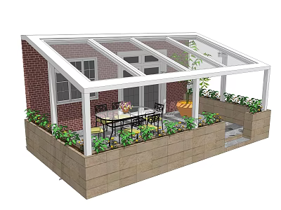 Glass Roof Pergola With Brick Wall Plants And Dining Table For Leisure Area 3d model