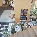 Modern Living Dining Room Interior With Hanging Chandelier Sofa Coffee Table And Outdoor Cactus View