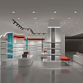 Modern Bright Specialty Store Interior Design With White Display Shelves Blue Accents And Ceiling Lighting