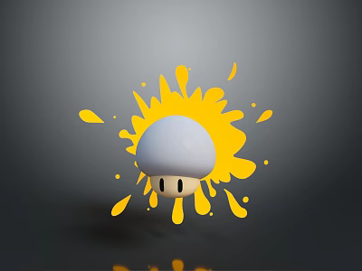 3D White Mushroom Character With Yellow Splatter Effect On Gray Background 3d model