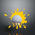 3D White Mushroom Character With Yellow Splatter Effect On Gray Background