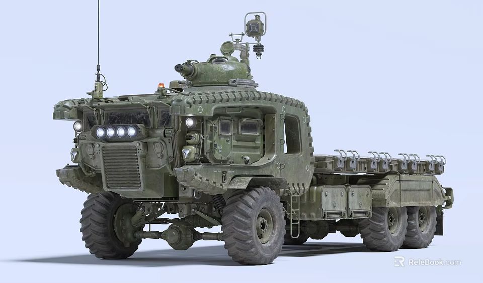 Armored Green Military Weapon Truck With Turret Antenna Large Off Road Tires And Cargo Bed 3d model