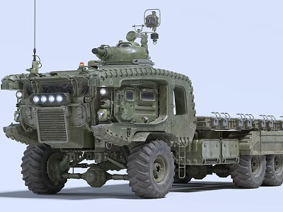 Armored Green Military Weapon Truck With Turret Antenna Large Off Road Tires And Cargo Bed 3d model