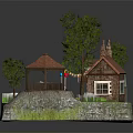 Charming Cottage Style Building With Red Roof Green Pavilion White Fence And Lush Trees