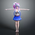3D Anime Girl Character With Cat Ears Pink Blue Twin Braids White Top Blue Skirt