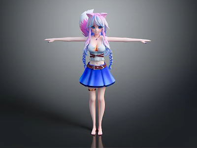 3D Anime Girl Character With Cat Ears Pink Blue Twin Braids White Top Blue Skirt 3d model