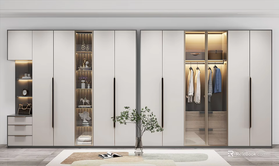 Modern White Wardrobe Design With Glass Doors Hanging Clothes And Decorative Plant 3d model 