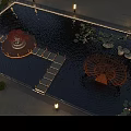 Evening Park Landscape Featuring Water Pool Circular Platform Red Trees Street Lamps And Swan Sculptures