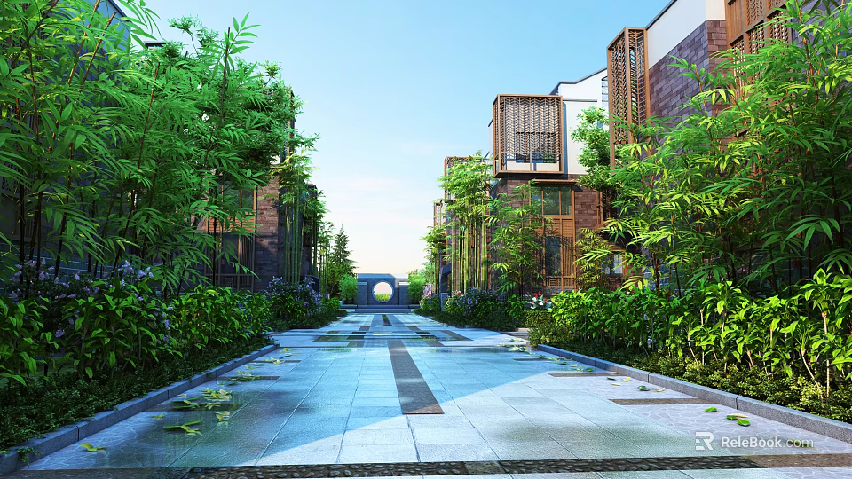Serene Garden Landscape With Stone Pathway Lush Greenery Modern Buildings Circular Archway Under Blue Sky 3d model 
