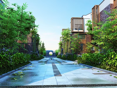 Serene Garden Landscape With Stone Pathway Lush Greenery Modern Buildings Circular Archway Under Blue Sky 3d model