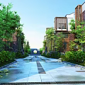 Serene Garden Landscape With Stone Pathway Lush Greenery Modern Buildings Circular Archway Under Blue Sky