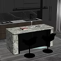 Stylish Modern Kitchen Interior With Marble Island Green Chairs And Dark Cabinets