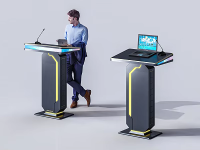 Modern Black Yellow Accent Tech Podium With Laptop And Tablet For Presentations 3d model
