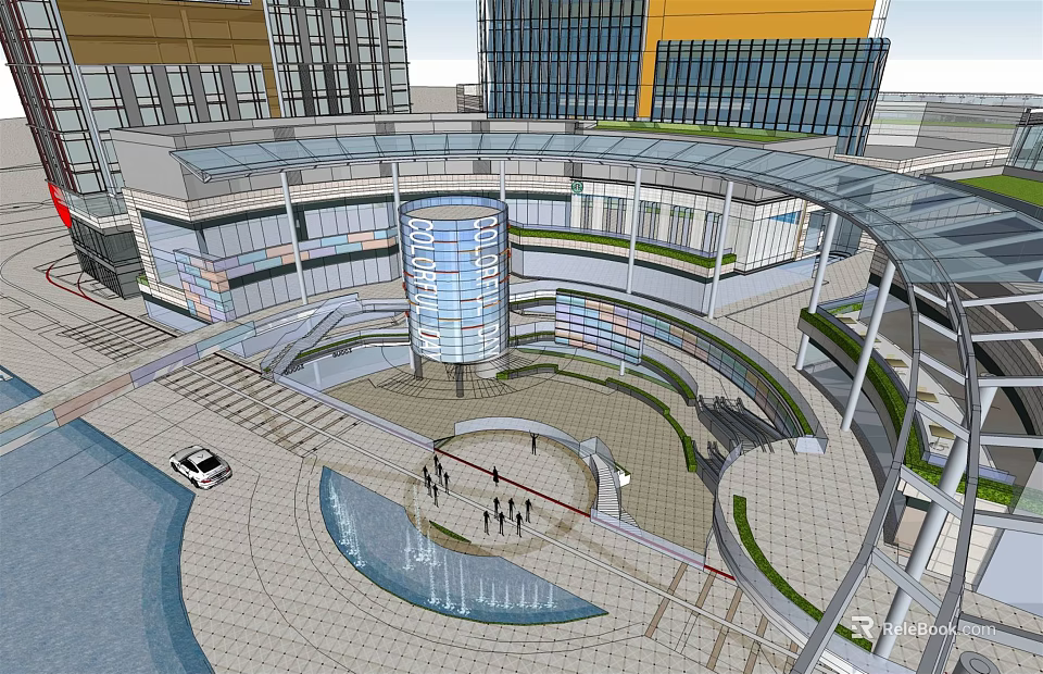 Modern Commercial Complex With Glass Curtain Walls Open Plaza Fountain And Green Landscaping 3d model 