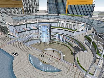 Modern Commercial Complex With Glass Curtain Walls Open Plaza Fountain And Green Landscaping 3d model