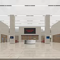 Bright Spacious Service Hall Interior With Reception Desk Digital Screens Columns And People