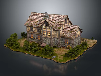 Charming Traditional Cottage With Tiled Roof Stone Wood Structure And Green Lawn 3d model