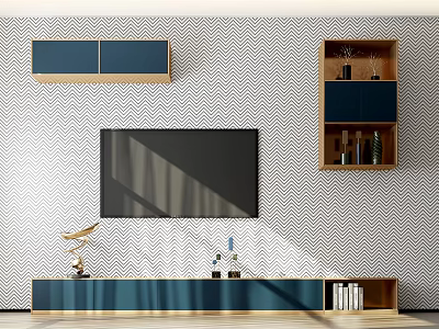 Modern Blue Wooden TV Stand with Wall Mounted Cabinets Decorative Items and Books 3d model