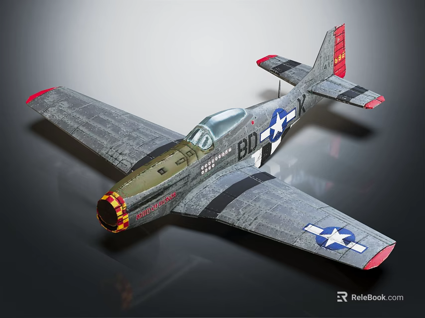 Vintage Fighter Jet With US Air Force Insignia Gray Fuselage Red Accents Yellow Nose Propeller 3d model 