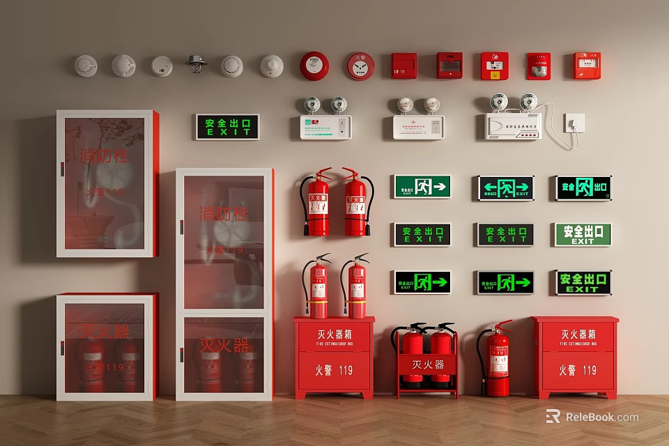Comprehensive Fire Safety Equipment Featuring Fire Cabinets Extinguishers Smoke Detectors And Emergency Exit Signs 3d model 