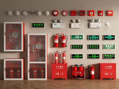 Comprehensive Fire Safety Equipment Featuring Fire Cabinets Extinguishers Smoke Detectors And Emergency Exit Signs 3d model