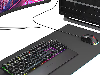 RGB Backlit Gaming Keyboard Mouse And Monitor Setup With Colorful Lights Mouse Pad 3d model
