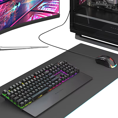 RGB Backlit Gaming Keyboard Mouse And Monitor Setup With Colorful Lights Mouse Pad 3d model