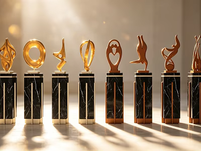 Decorative Ornament Set With Golden Sculptural Designs And Black Marble Bases 3d model