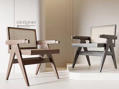 Designer Wooden Chairs With Woven Seats In Modern Interior Showcase 3d model