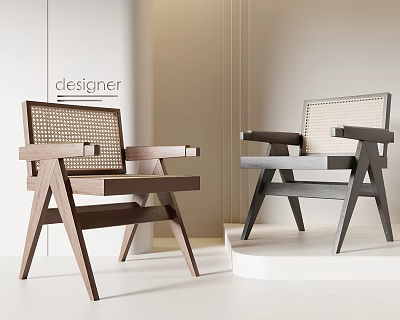 Designer Wooden Chairs With Woven Seats In Modern Interior Showcase 3d model