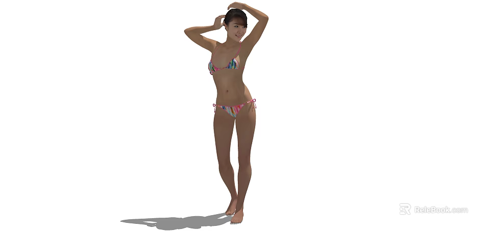 A Woman in Colorful Bikini Posing with Hands on Head Standing Gracefully 3d model 