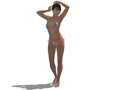 A Woman in Colorful Bikini Posing with Hands on Head Standing Gracefully 3d model