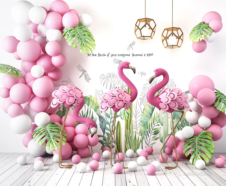 Inflatable Pink Flamingos With Tropical Leaves And Pink White Balloons For Party Decoration 3d model 