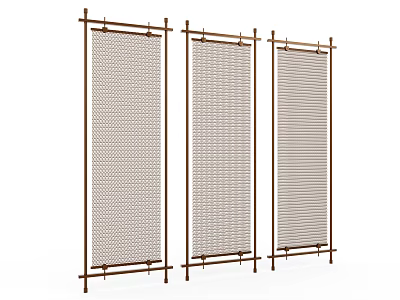 Three Panel Wicker Room Dividers With Metal Frame Modern Design 3d model