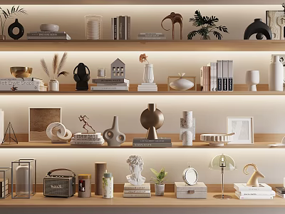 Modern Home Decor Decorative Ornament Set With Sculptures Vases Plants Books Frames Lamps On Shelves 3d model