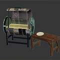Outdoor Barbecue Grill With Metal Frame And Wooden Table Topped With White Plate