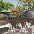 Modern Outdoor Playground With Golden Spherical Structure Slide Trees And Green Grass