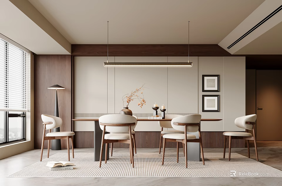 Elegant Modern Dining Room Interior With Wooden Dining Table Chairs Pendant Lights And Decorative Paintings 3d model 