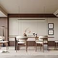 Elegant Modern Dining Room Interior With Wooden Dining Table Chairs Pendant Lights And Decorative Paintings