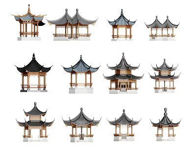 Traditional Chinese Pavilions in Various Styles with Curved Roofs and Wooden Structures 3d model