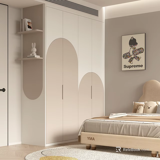 Modern Curved Wardrobe with White and Beige Doors in Minimalist Bedroom 3d model 