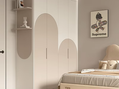 Modern Curved Wardrobe with White and Beige Doors in Minimalist Bedroom 3d model