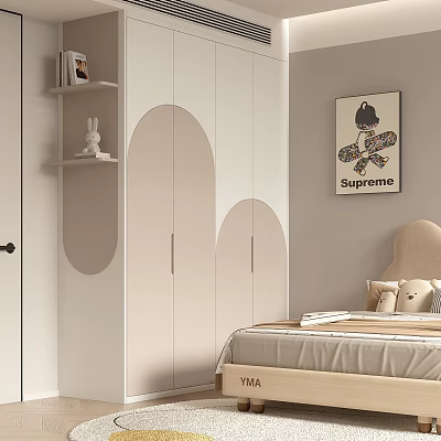 Modern Curved Wardrobe with White and Beige Doors in Minimalist Bedroom 3d model