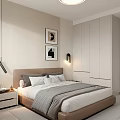 Modern Bedroom Interior With Bed Nightstands Lighting Framed Artworks And Window Curtains
