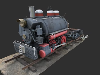 Vintage Steam Train Model with Black Body Red Wheels and Chimney on Railroad Tracks 3d model