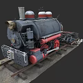Vintage Steam Train Model with Black Body Red Wheels and Chimney on Railroad Tracks